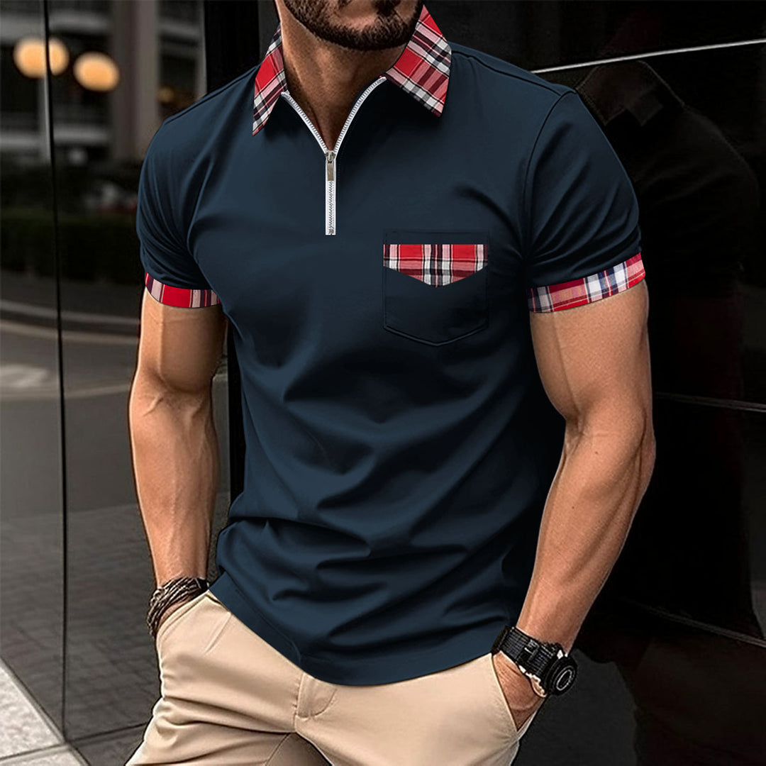 Men's modern half-zip polo with chic and stylish check detail