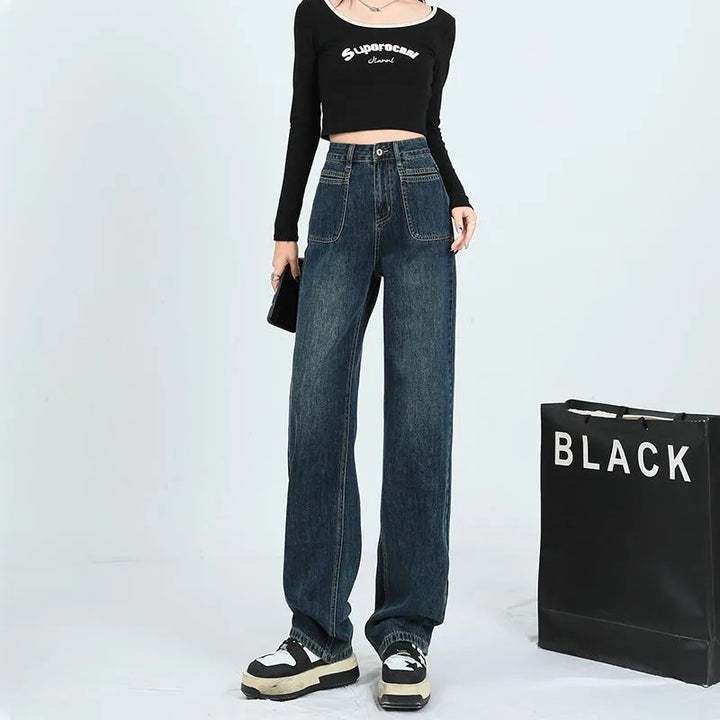 Pantalons en denim à coupe large pour femme avec poches hautes Chic & Stil