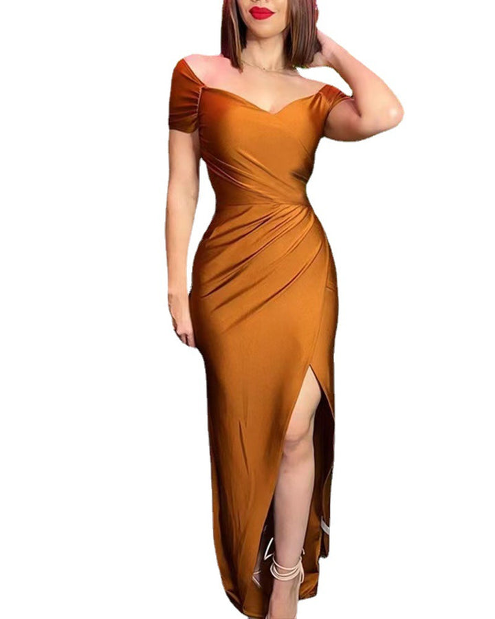 Ladies elegant maxi dress with asymmetric cut and shimmering effect Lune London