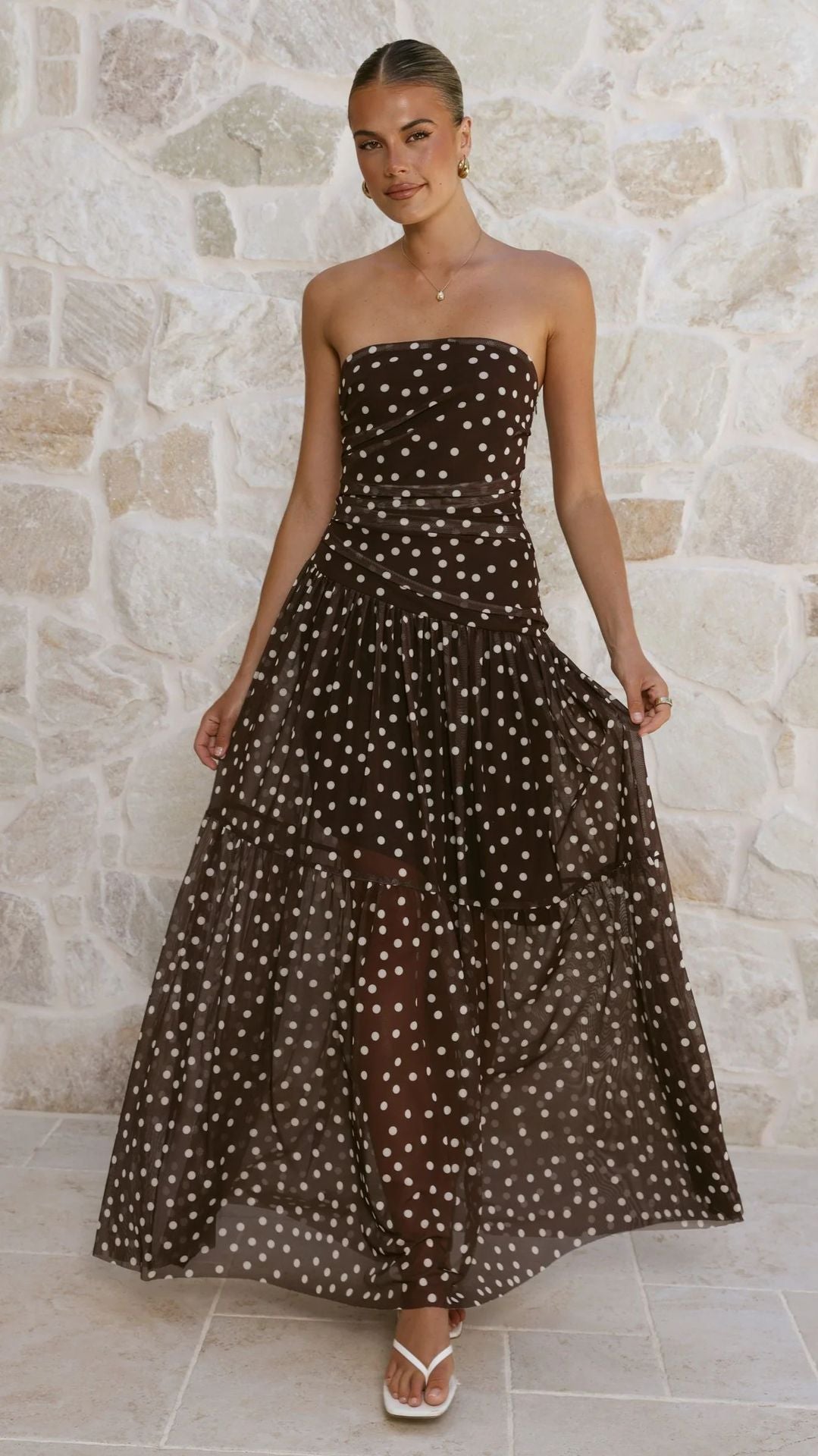 Women's maxi dress with off-the-shoulder cut and playful polka dot pattern Lune London