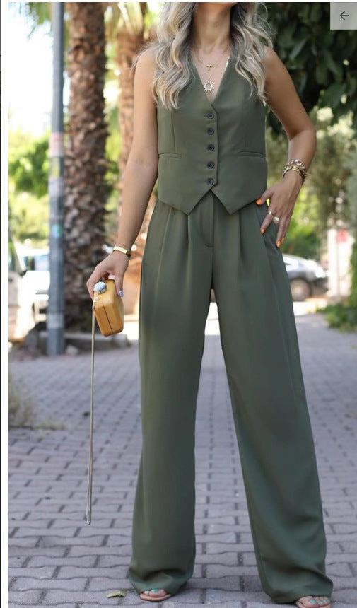 Lune London | Sleeveless V-neck Vest with Wide Leg Pants Ensemble
