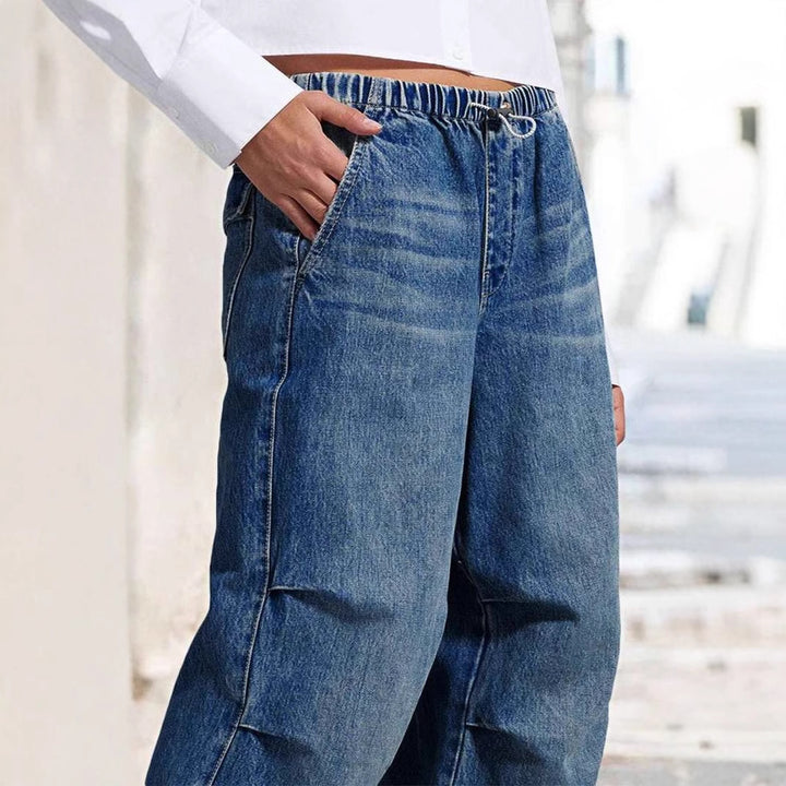 Women's Wide Denim Pants with Elastic Waist and High Pockets Lune London