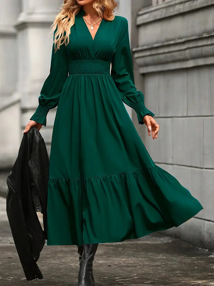 Maxi dress for women with an elegant V neckline and voluminous sleeves Lune London