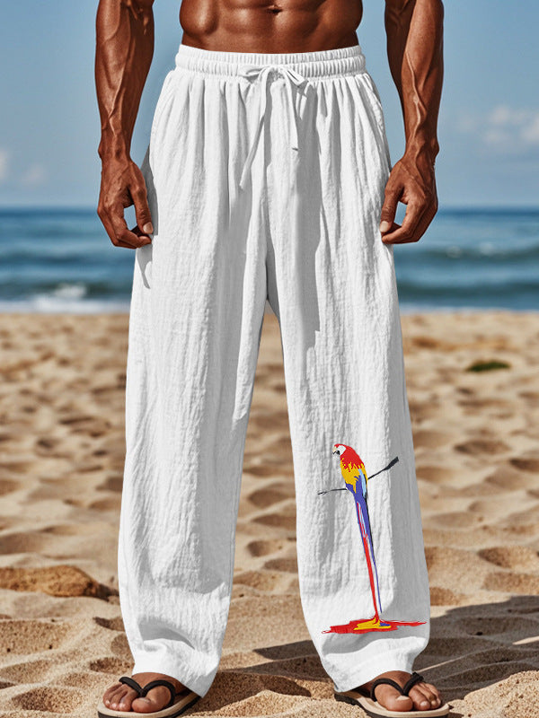 Light beach pants for men with colorful parrot design Lune London