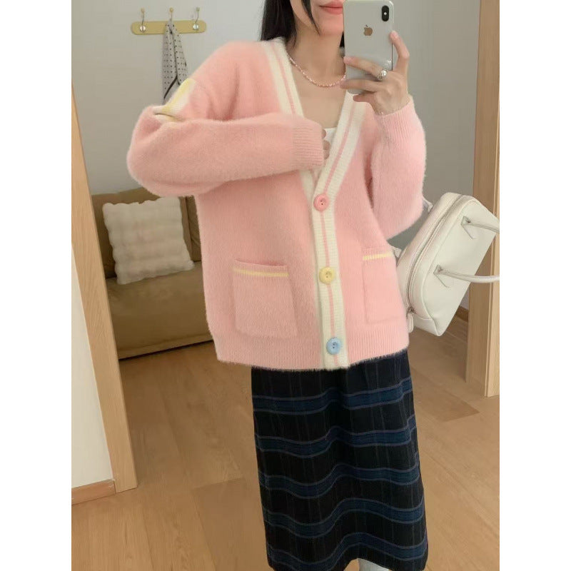 Cardigan Femme Confortable avec Boutons Colorés et Poches
