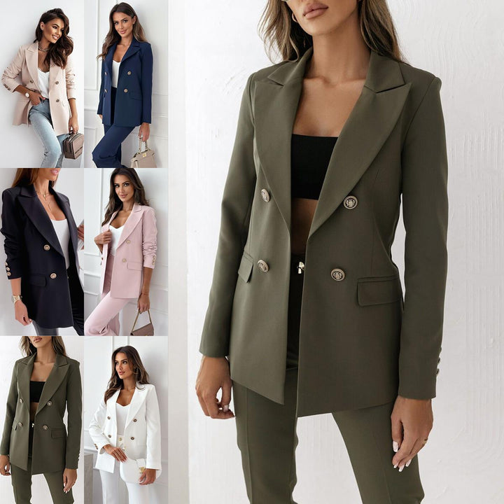 Women Elegant Double-Breasted Blazer with Gold Buttons and Modern Cut Lune London
