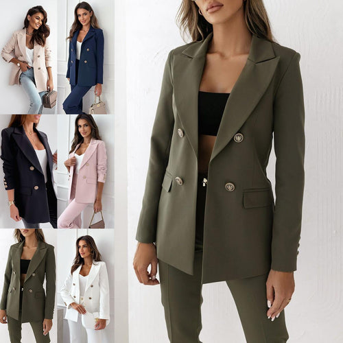 Women Elegant Double-Breasted Blazer with Gold Buttons and Modern Cut Lune London