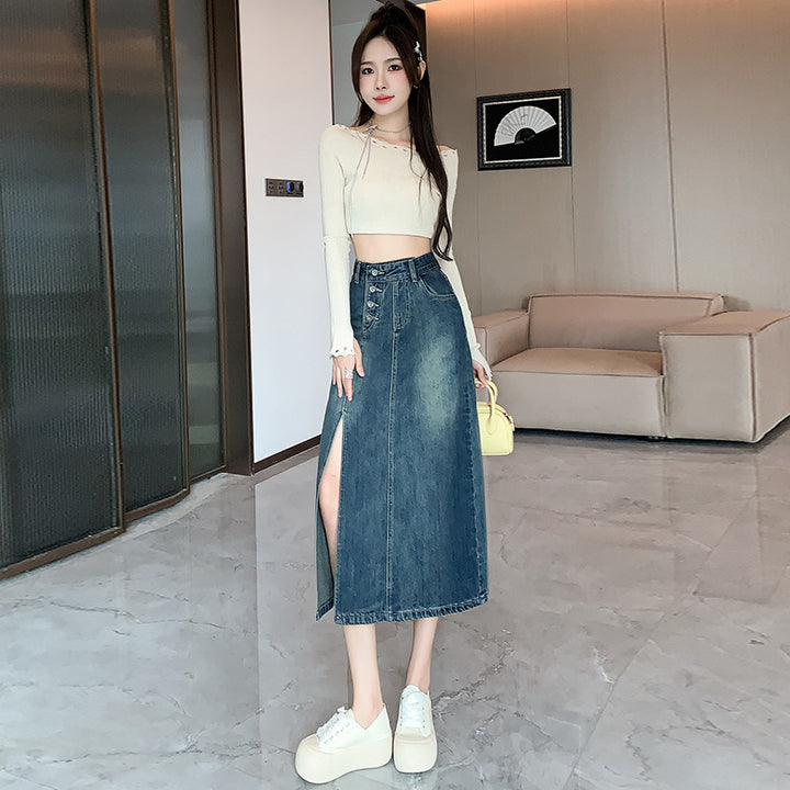 Jupe en denim longue pour femmes avec fente frontale Chic & Stil