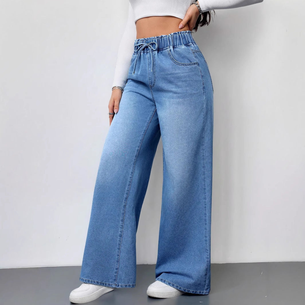 Women's Wide Cut Denim Pants with Elastic Waistband and Practical Pockets