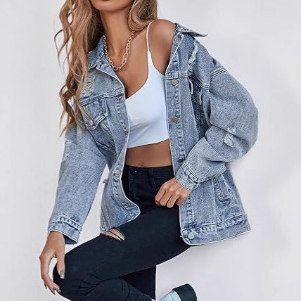 Casual oversized denim jacket for women with distressed details and high-quality metal buttons Lune London
