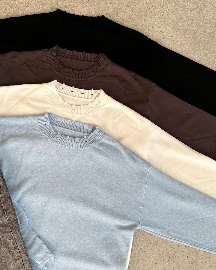 Casual sweater for women with a modern ribbed collar and trendy rip details Lune London
