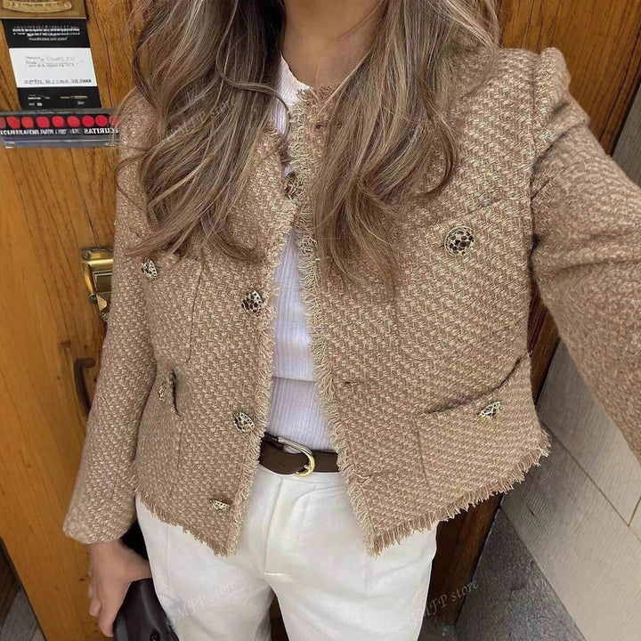 Elegant short jacket for women in textured fabric with button details Lune London