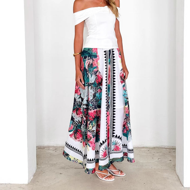 Maxi skirt with floral patterns and belt for women, intense color Chic & Stil