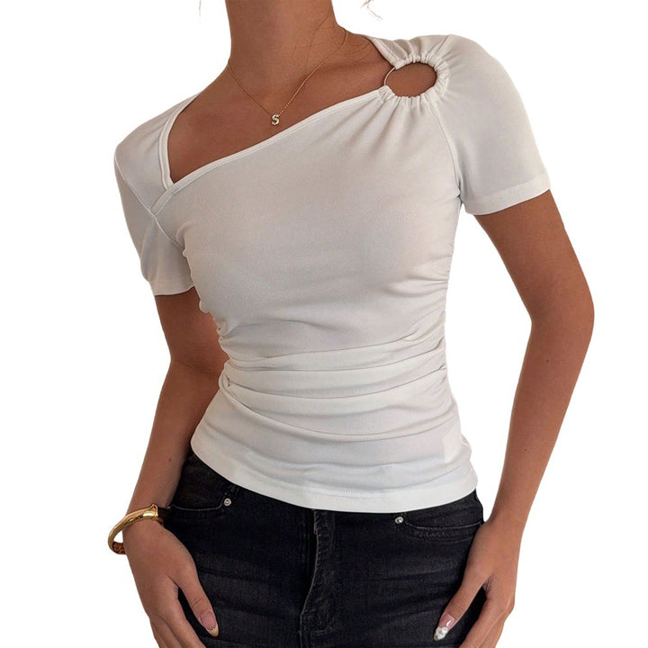 Chemise tendance à manches courtes pour femmes avec encolure asymétrique et fronces Chic & Stil