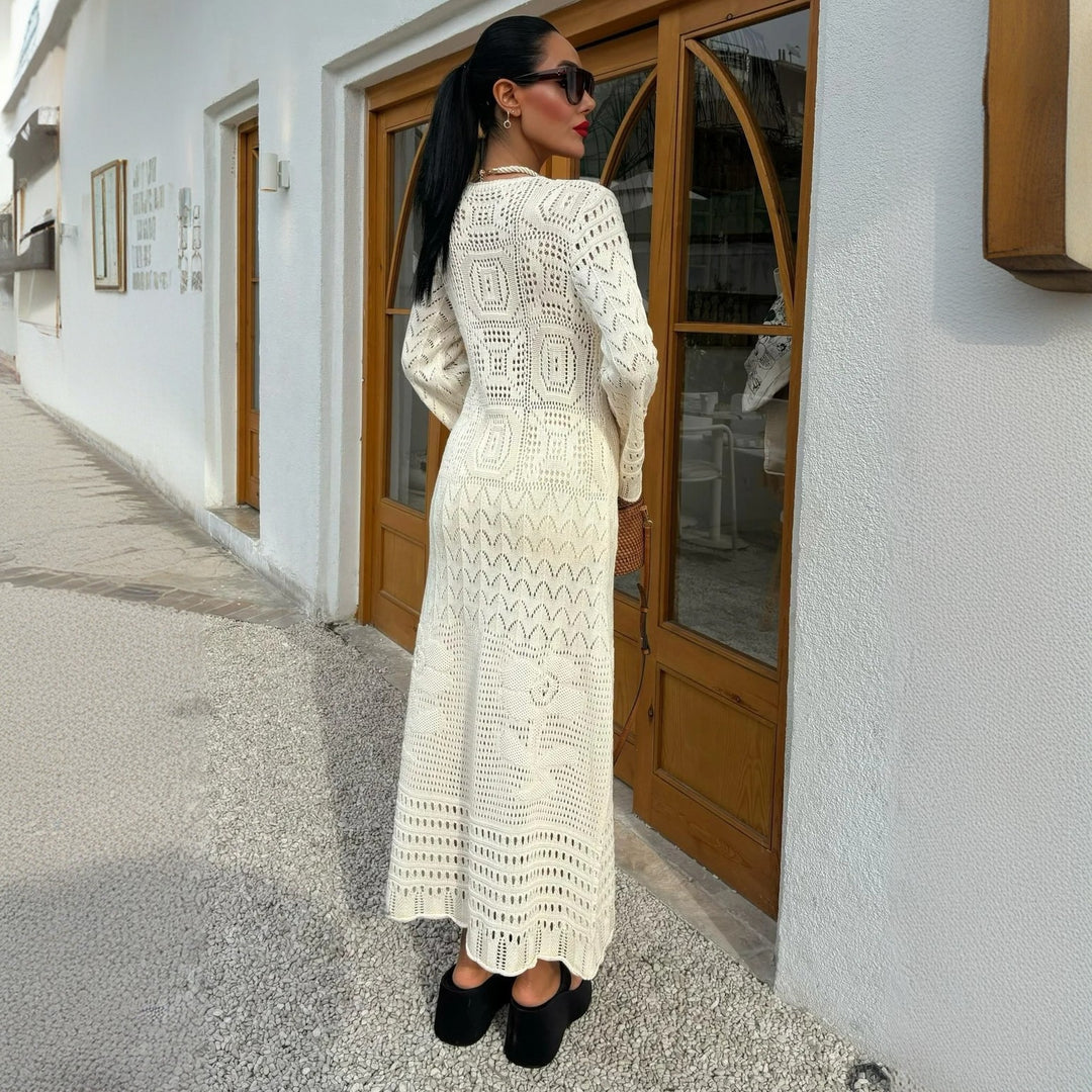 Knit dress for women with a refined lace design and a deep V neckline Lune London
