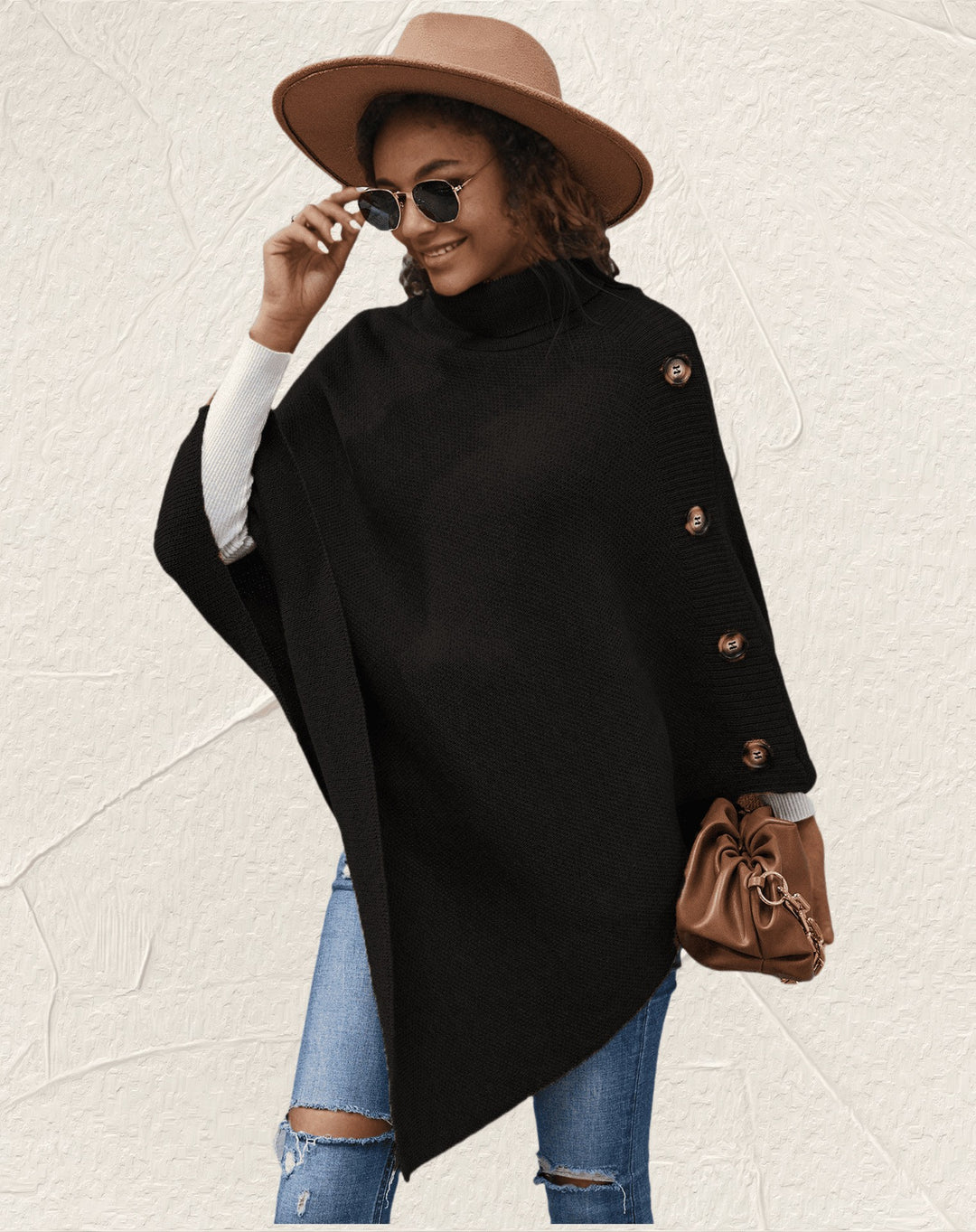 Elegant ladies poncho with high collar and decorative buttons Lune London