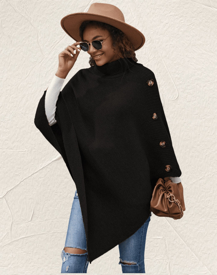Elegant ladies poncho with high collar and decorative buttons Lune London