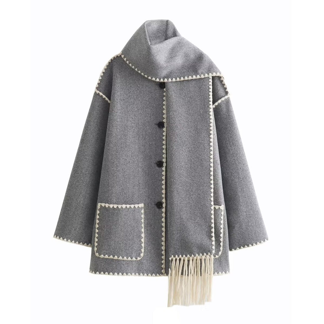 Elegant women's wool jacket with decorative fringed scarf Lune London
