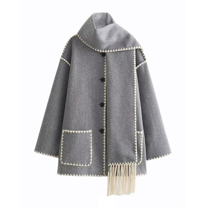 Elegant women's wool jacket with decorative fringed scarf Lune London