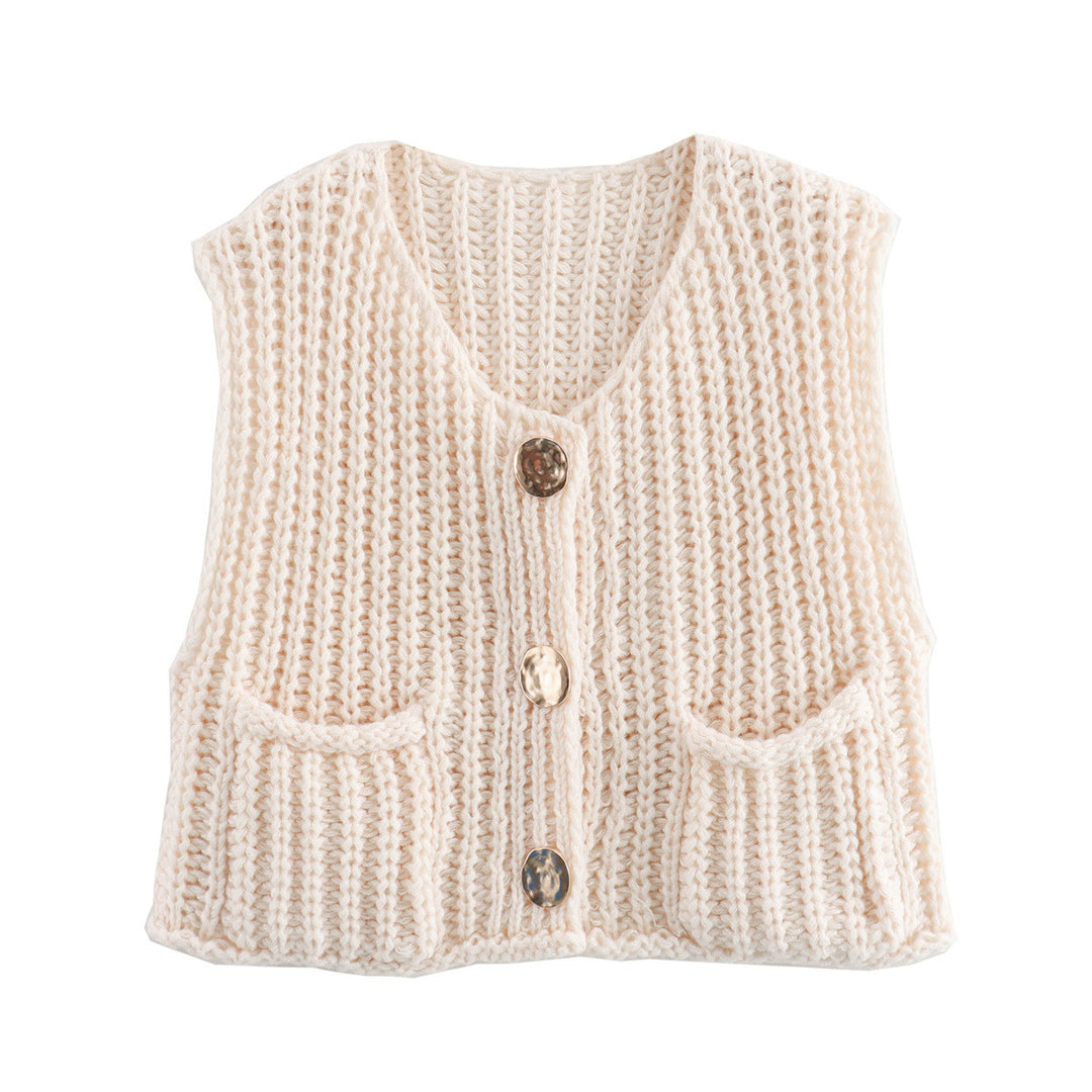 Knitted vest for women with decorative buttons and practical pockets Lune London