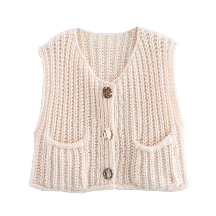Knitted vest for women with decorative buttons and practical pockets Lune London