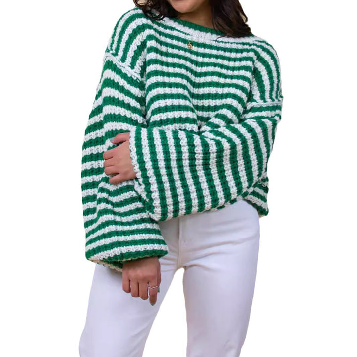 Women Short Knit Sweater with Flared Sleeves and a Chic and Stylish Striped Pattern