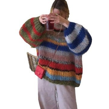 Women's Cozy Knit Sweater with Flared Sleeves and Colorful Stripe Pattern Lune London