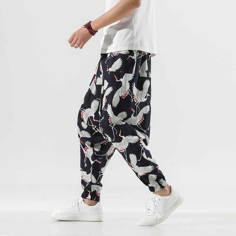 Casual and breathable men's harem pants with a unique crane pattern Lune London