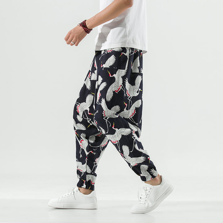 Casual and breathable men's harem pants with a unique crane pattern Lune London