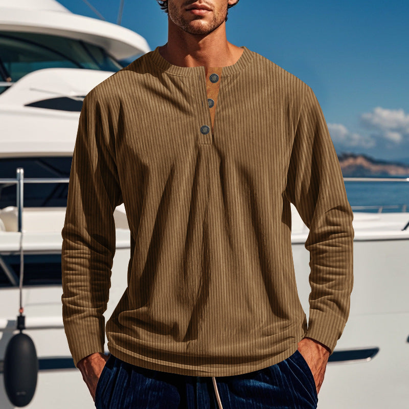 Men's Long Sleeve Henley T-Shirt in Lightweight Ribbed Fabric with Button Placket Lune London