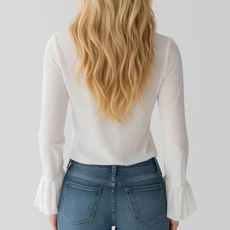 Ladies Elegant Top with Ruffles and Deep V-Neck Lune London
