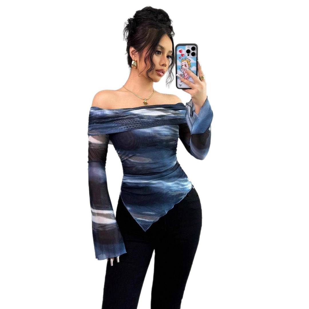 Women's off-shoulder blouse with floral transparent elements and an asymmetrical cut Lune London