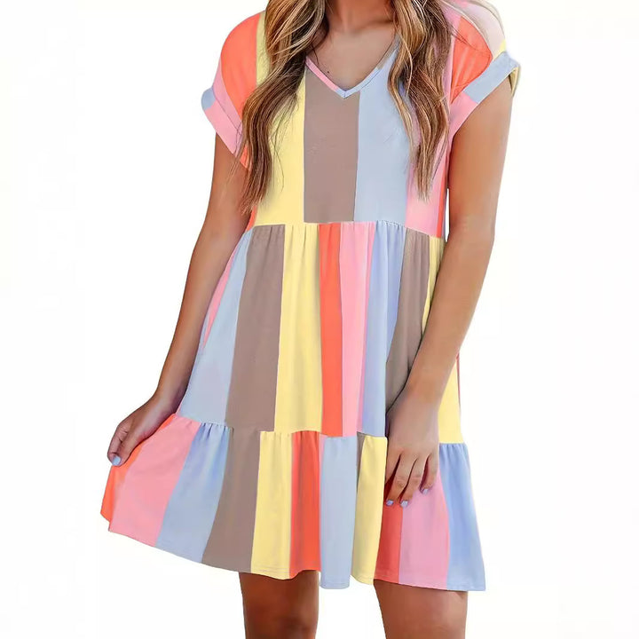 Casual summer dress for women with a modern striped design, featuring a V-neck and ruffles Lune London