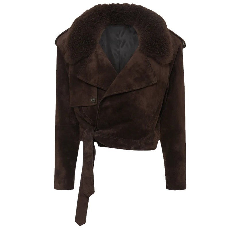 Veste de biker pour femmes en suède robuste avec col en fourrure amovible Chic & Stil