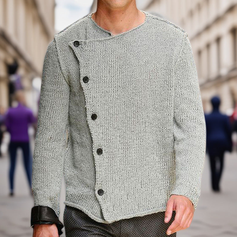 Knit sweater for men with innovative high collar and asymmetric button placket Lune London