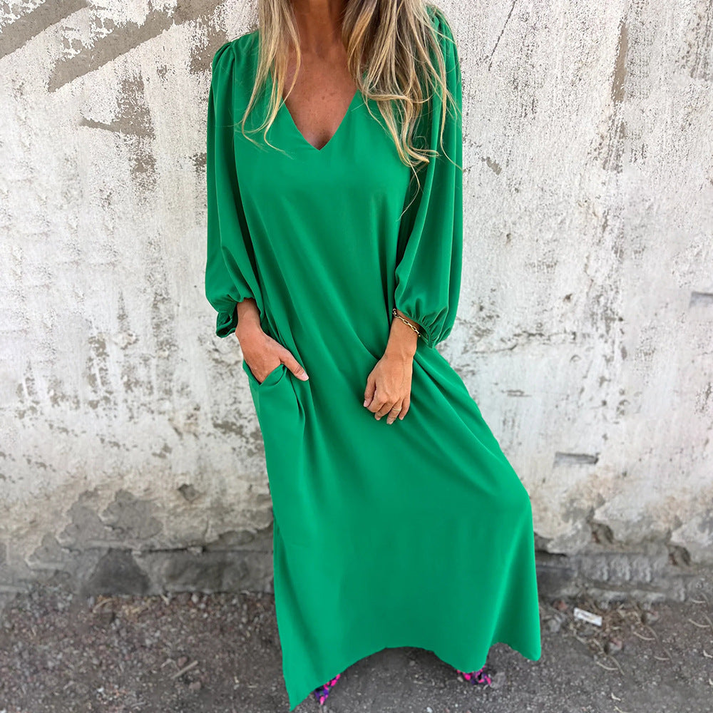 Women Elegant Midi Dress with V Neck and Chic Puff Sleeves