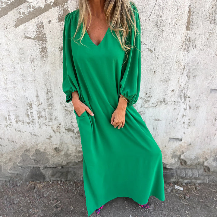 Women Elegant Midi Dress with V Neck and Chic Puff Sleeves