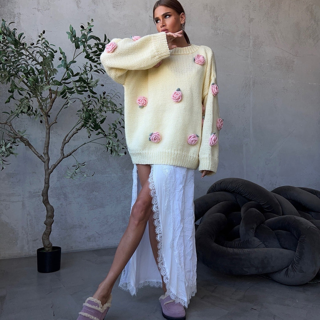 Knit sweater for women with floral appliqués and a relaxed fit Lune London