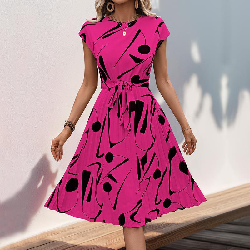 Lune London A-line pleated dress for ladies with abstract print and fitted belt