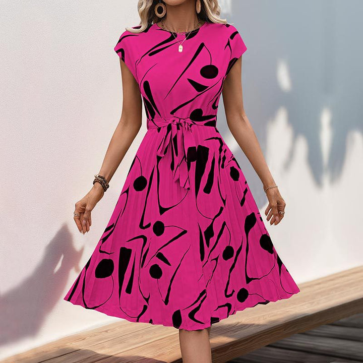 Lune London A-line pleated dress for ladies with abstract print and fitted belt