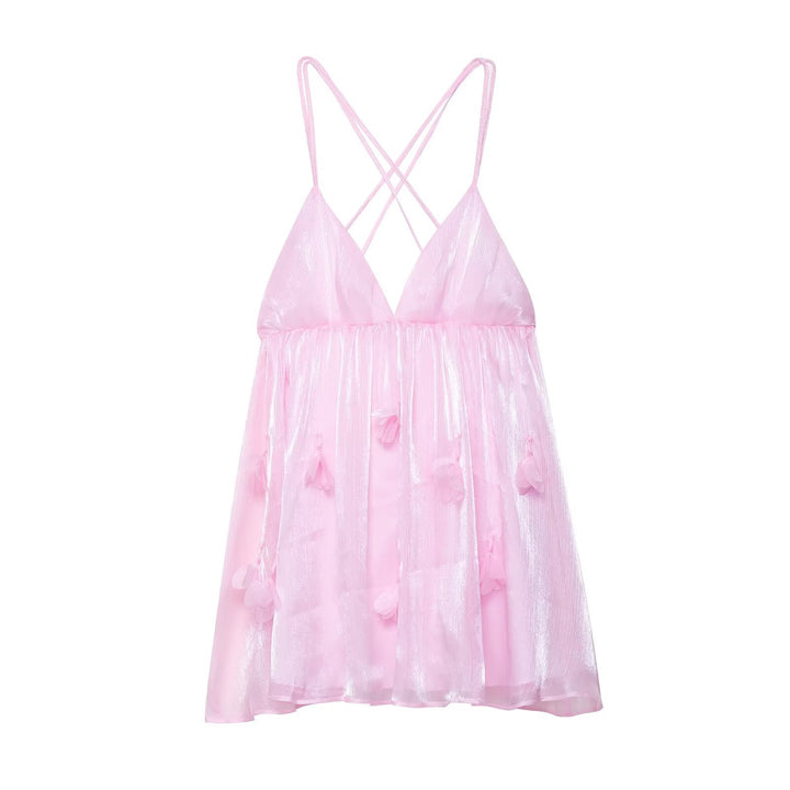 Evening dress for women with crossed back detail and floral appliqués Lune London