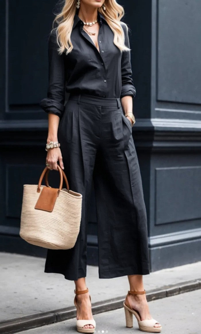 Pantalon féminin élégant en lin avec blouse ajustée et pantalon large Chic & Stil