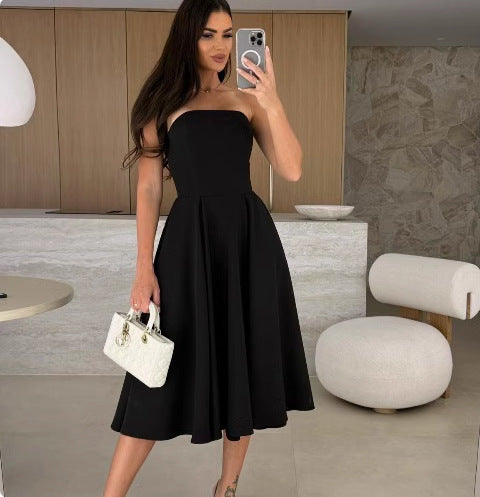 A-line midi strapless dress for women with flowy skirt Lune London