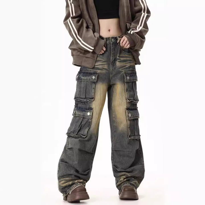 Women's Cargo Jeans with Wide Legs and Practical Side Pockets Lune London