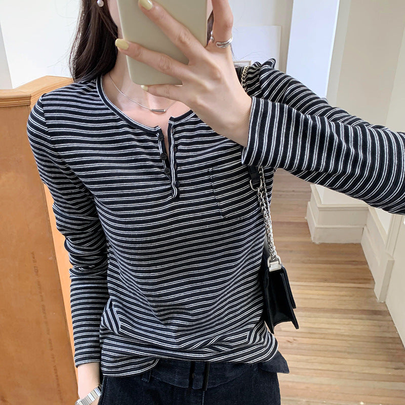 Women's stylish long-sleeve shirt with button placket and stripe pattern Chic & Stil