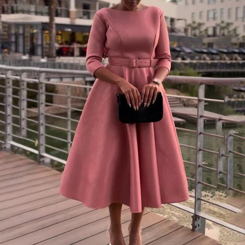 Elegant A-line dress for women with belt and ¾ sleeves Lune London