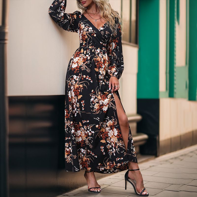 Maxi dress women with floral design and side slit Lune London