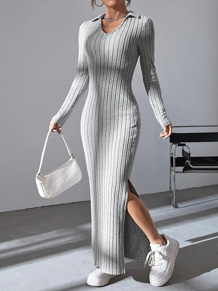 Ribbed long sleeve dress for women with slit and collar Lune London