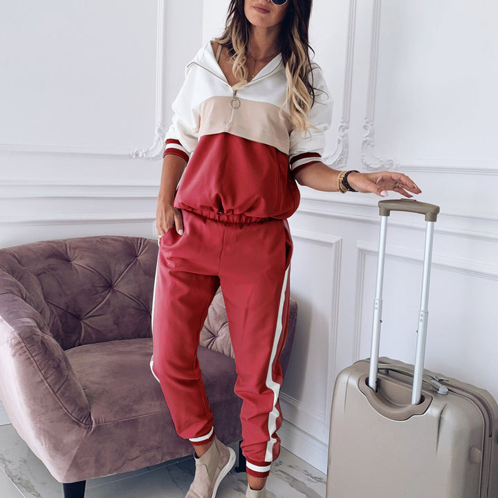 Sport leisure set for women with a stylish collar and chic side stripes