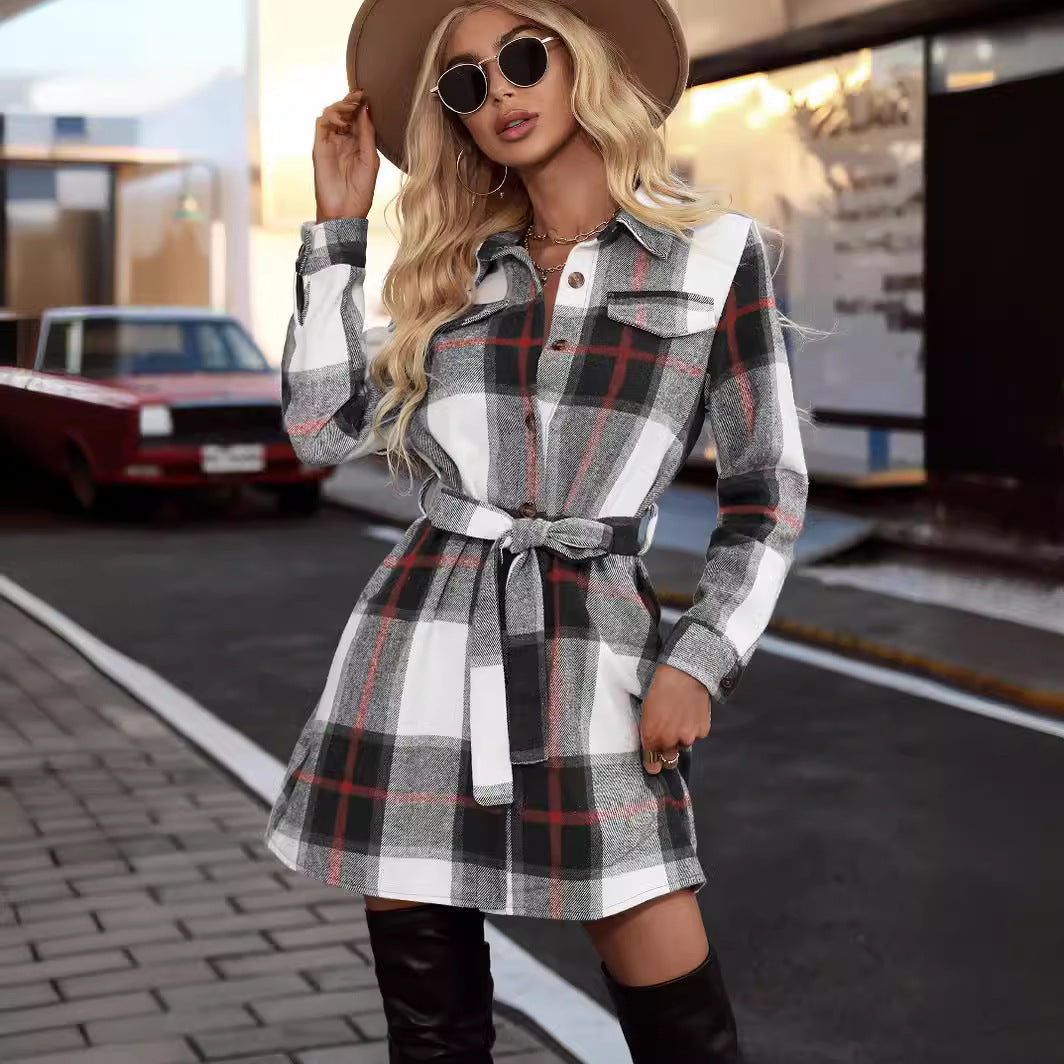 Checkered shirt dress for women with a belt at the waist and chest pockets Lune London